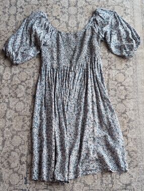 Smocked Floral Puff-Sleeve Cottage Core Dress in Dusty Blue